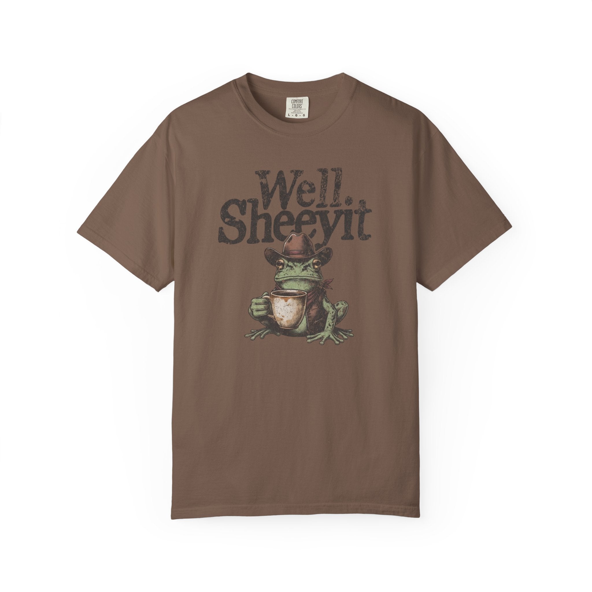 Brown unisex t-shirt featuring a graphic of a cowboy frog holding a coffee mug with text above.
