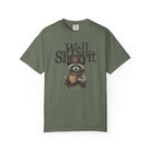 Olive green t-shirt featuring a graphic of a raccoon in a cowboy hat holding a coffee mug.
