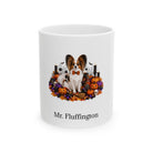 Personalized Papillon dog Halloween mug, 11oz white ceramic, with custom pet name on front