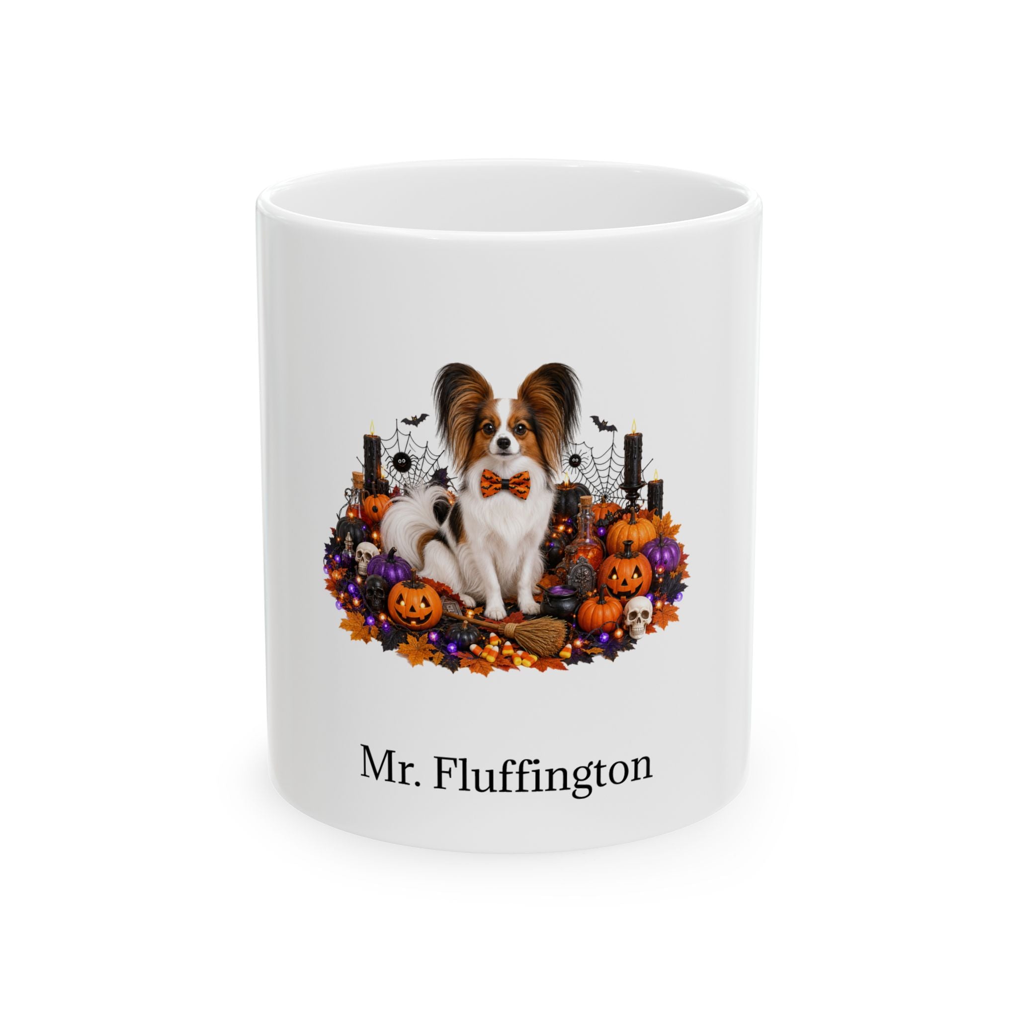 Personalized Papillon dog Halloween mug, 11oz white ceramic, with custom pet name on front