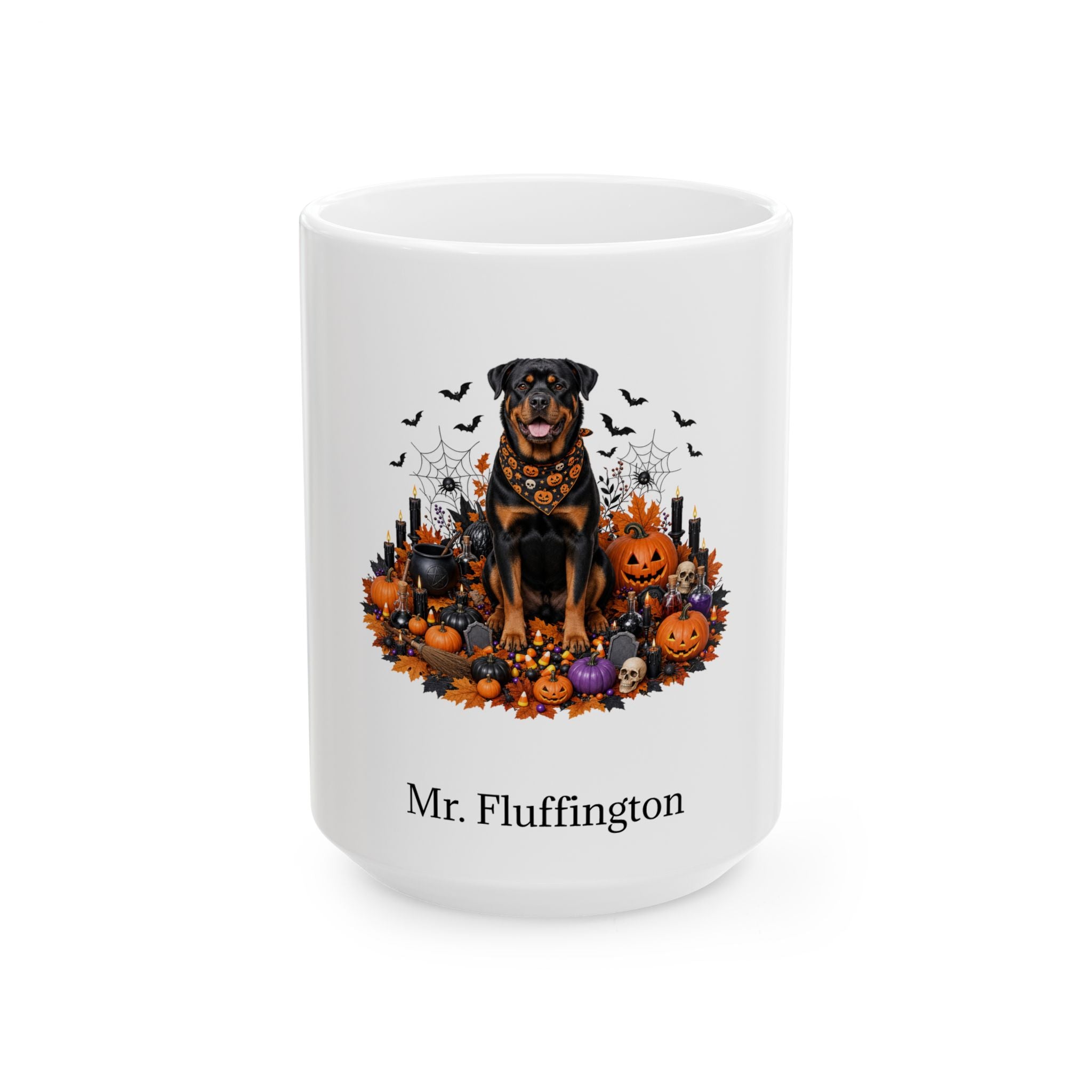 Personalized Rottweiler dog Halloween mug, 15oz white ceramic, with custom pet name on front