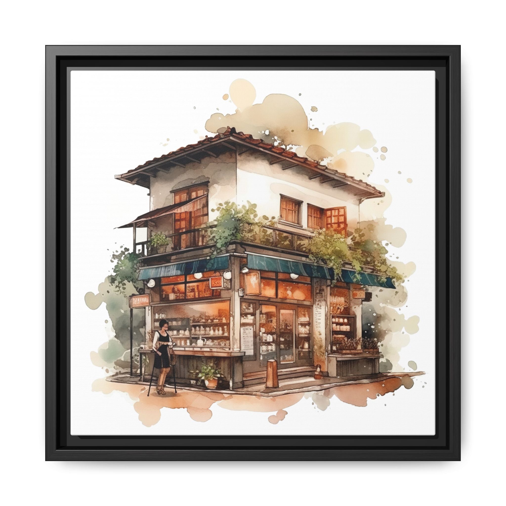 Cozy Corner Cafe Watercolor Art | 14x14 Framed Matte Canvas Wall Decor