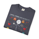 Dark grey t-shirt featuring a stick figure holding coffee and a controller with gaming icons.