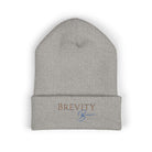 A grey cuffed beanie with "BREVITY Brew" embroidered on the front.