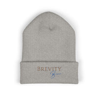 A grey cuffed beanie with "BREVITY Brew" embroidered on the front.