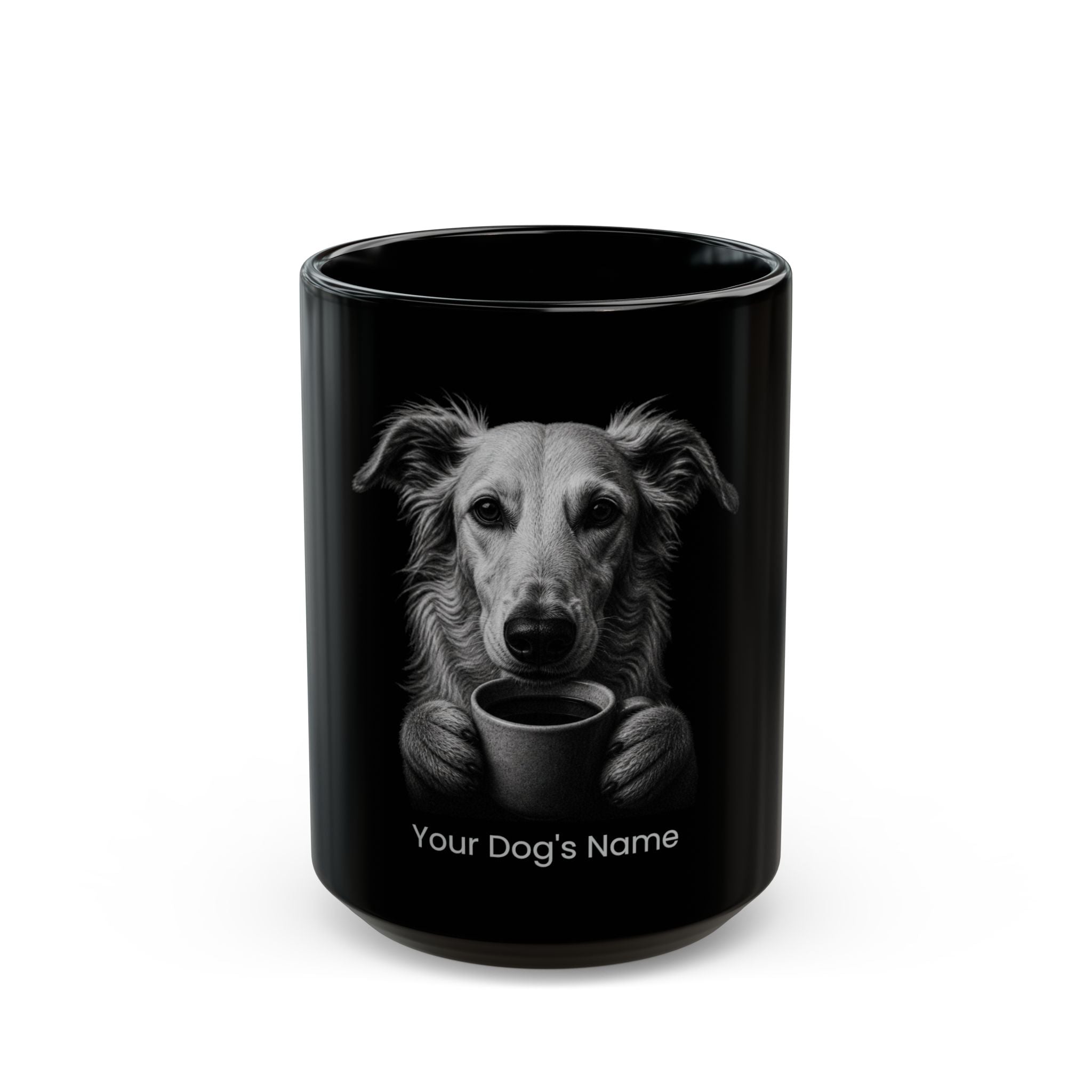 Personalized Borzoi black ceramic coffee mug with custom dog name