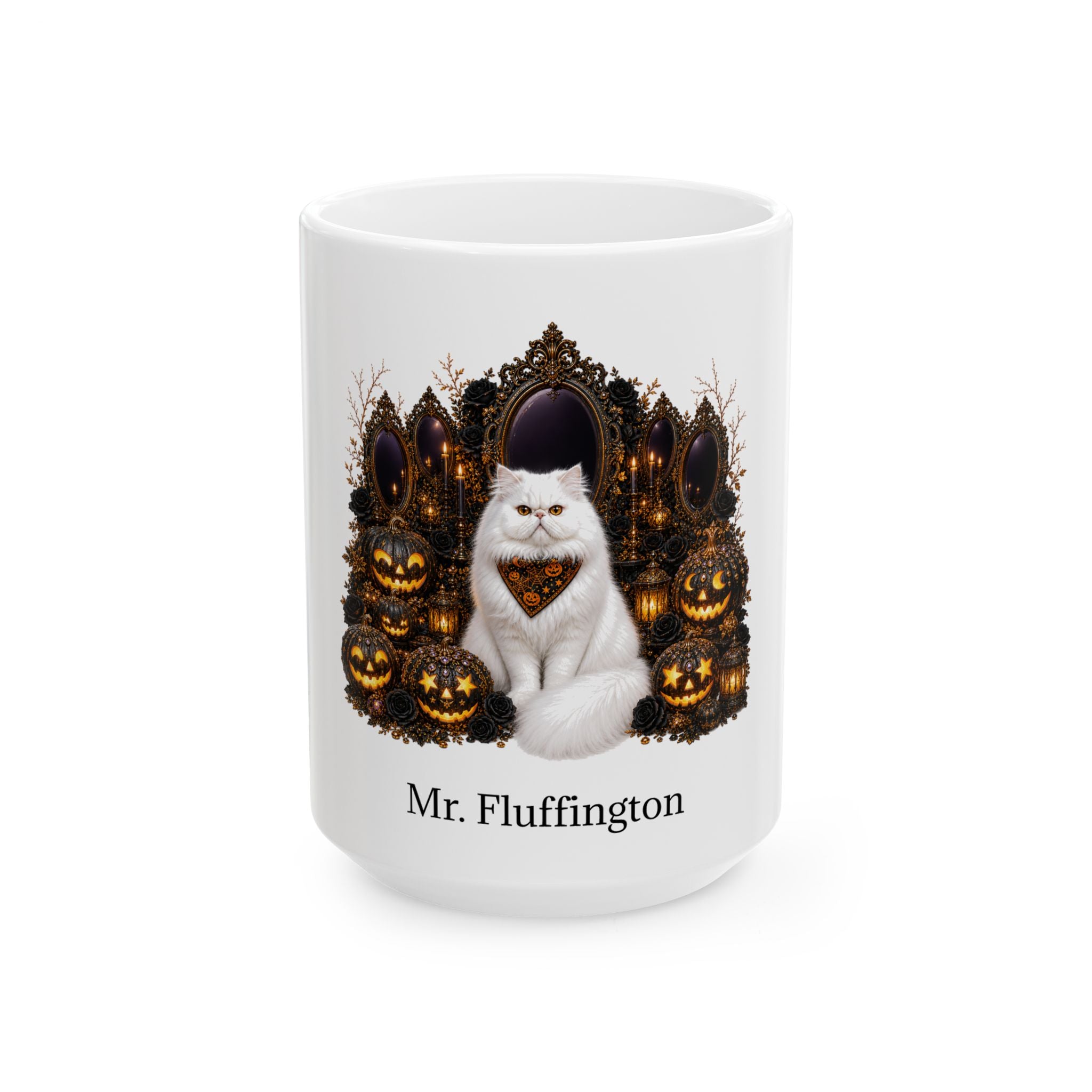 Personalized Persian cat Halloween mug, 15oz white ceramic, with custom pet name on front