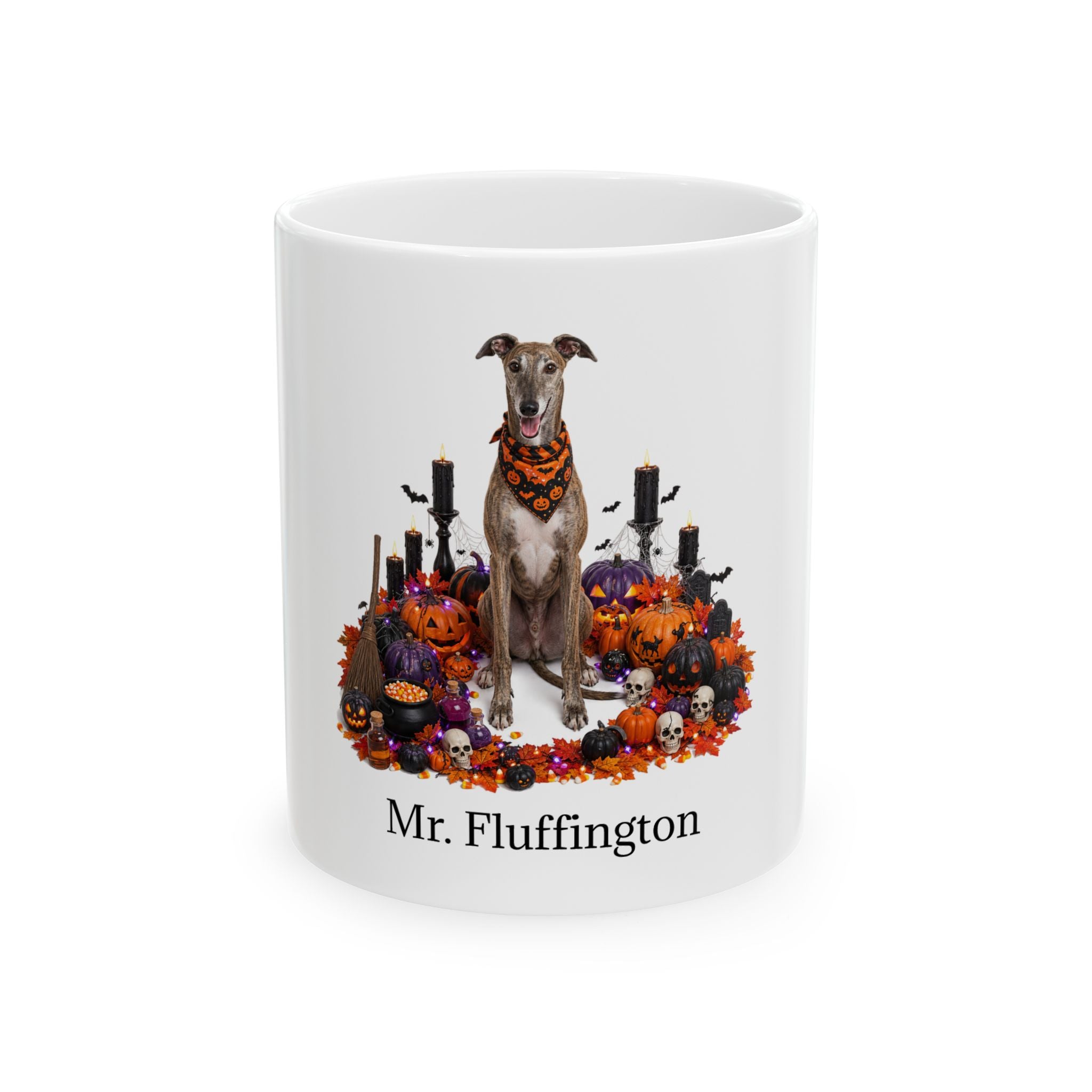 Personalized Greyhound Halloween mug with custom dog name, front product view