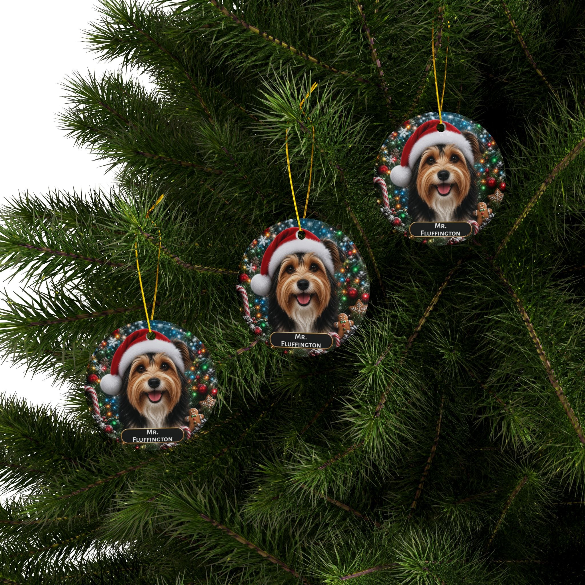 Christmas Dog Ceramic Ornament — Santa Hat Pet Portrait, Personalized Name Plaque