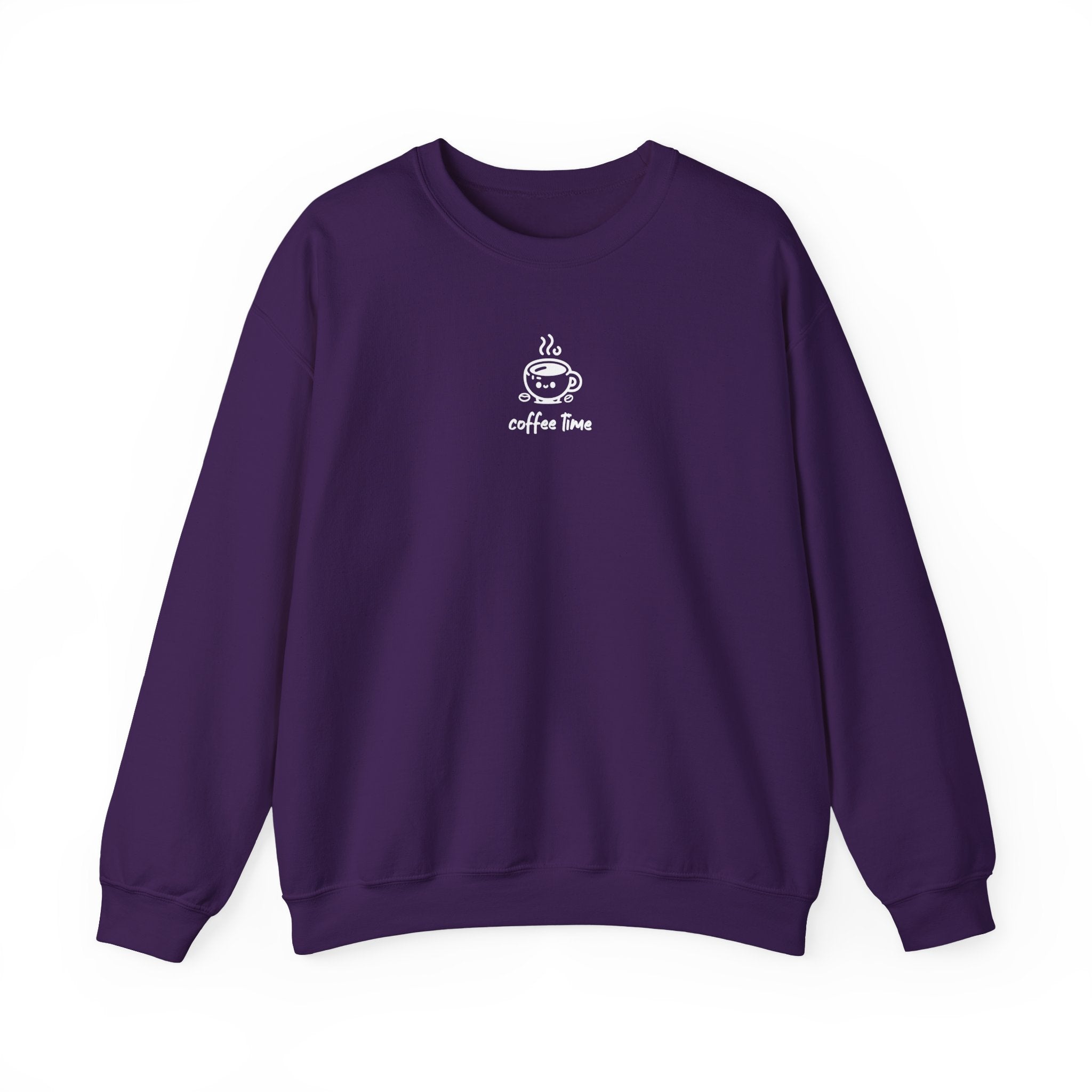 A dark purple crewneck sweatshirt featuring a small white graphic of a smiling coffee cup.
