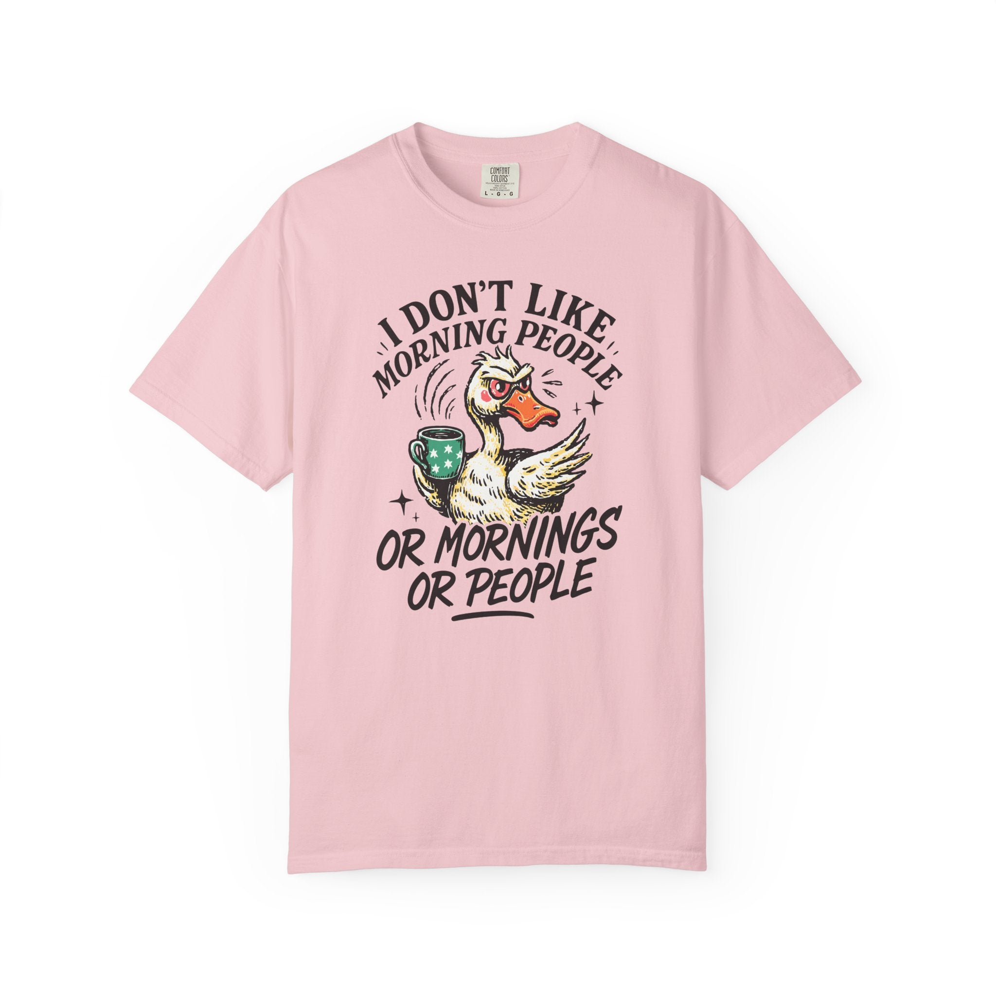 Light pink t-shirt featuring a grumpy duck wearing sunglasses and holding a coffee mug.