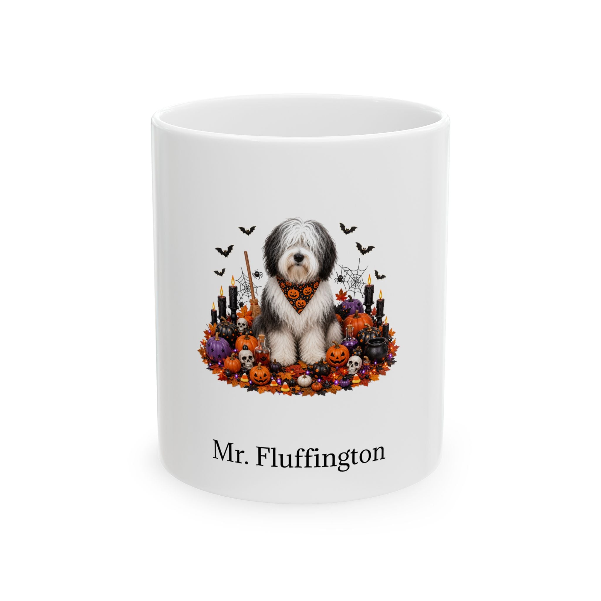 Personalized Polish Lowland Sheepdog Halloween mug, 15oz white ceramic, with custom pet name on front