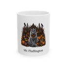 Personalized Norwegian Forest Cat Halloween mug, 11oz white ceramic, with custom pet name on front