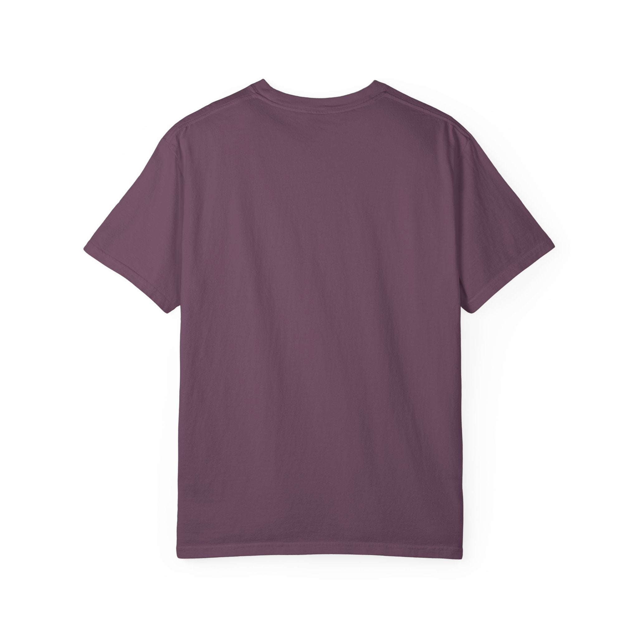 A plain, dark purple heavyweight cotton t-shirt shown from the back.