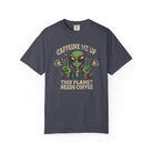 Dark grey unisex t-shirt featuring a green alien wearing sunglasses and making peace signs.