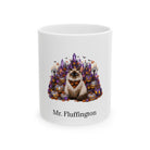 Personalized Himalayan cat Halloween mug, 11oz white ceramic, with custom pet name on front