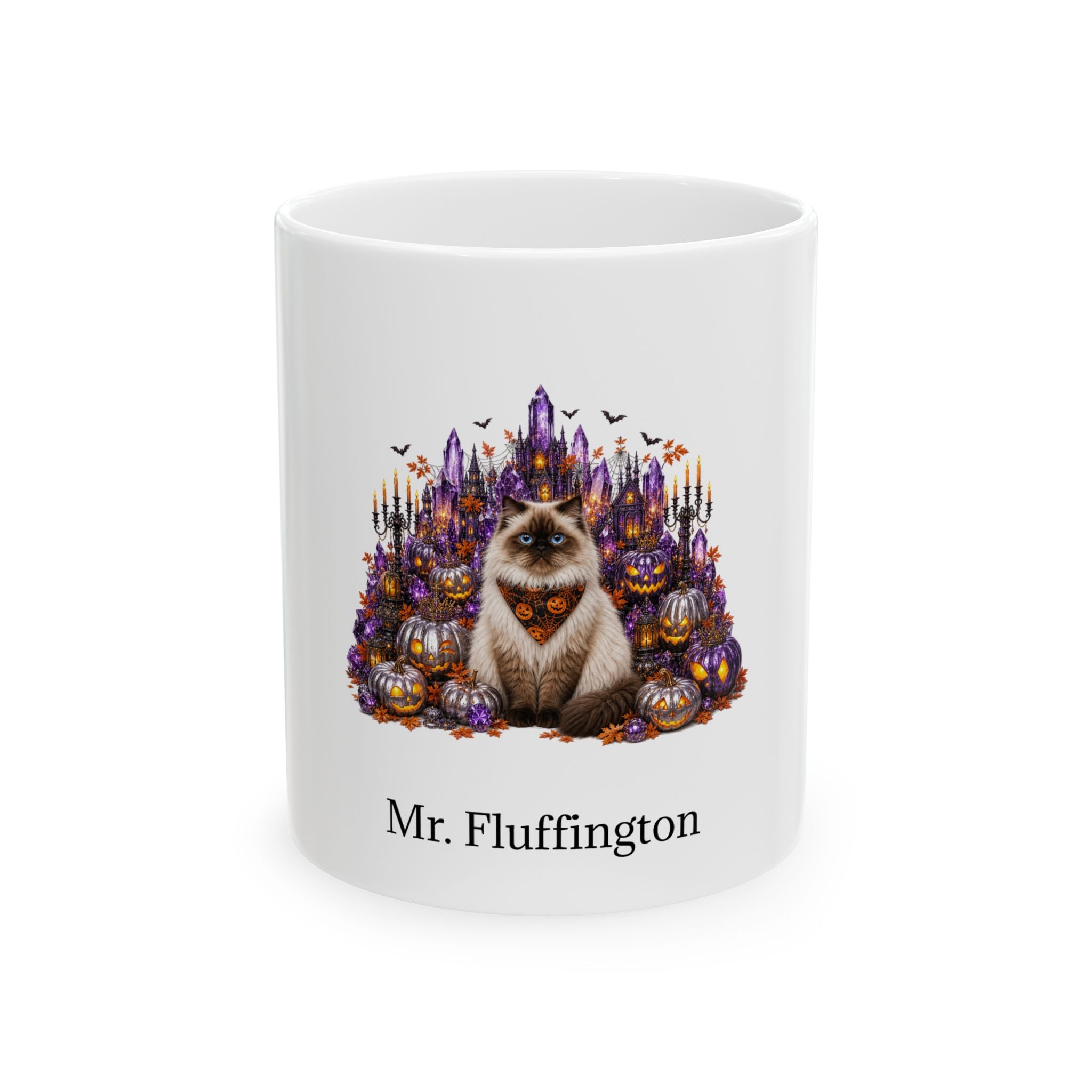 Personalized Himalayan cat Halloween mug, 11oz white ceramic, with custom pet name on front