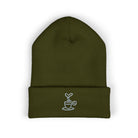 Olive green cuffed beanie with embroidered white coffee cup design.