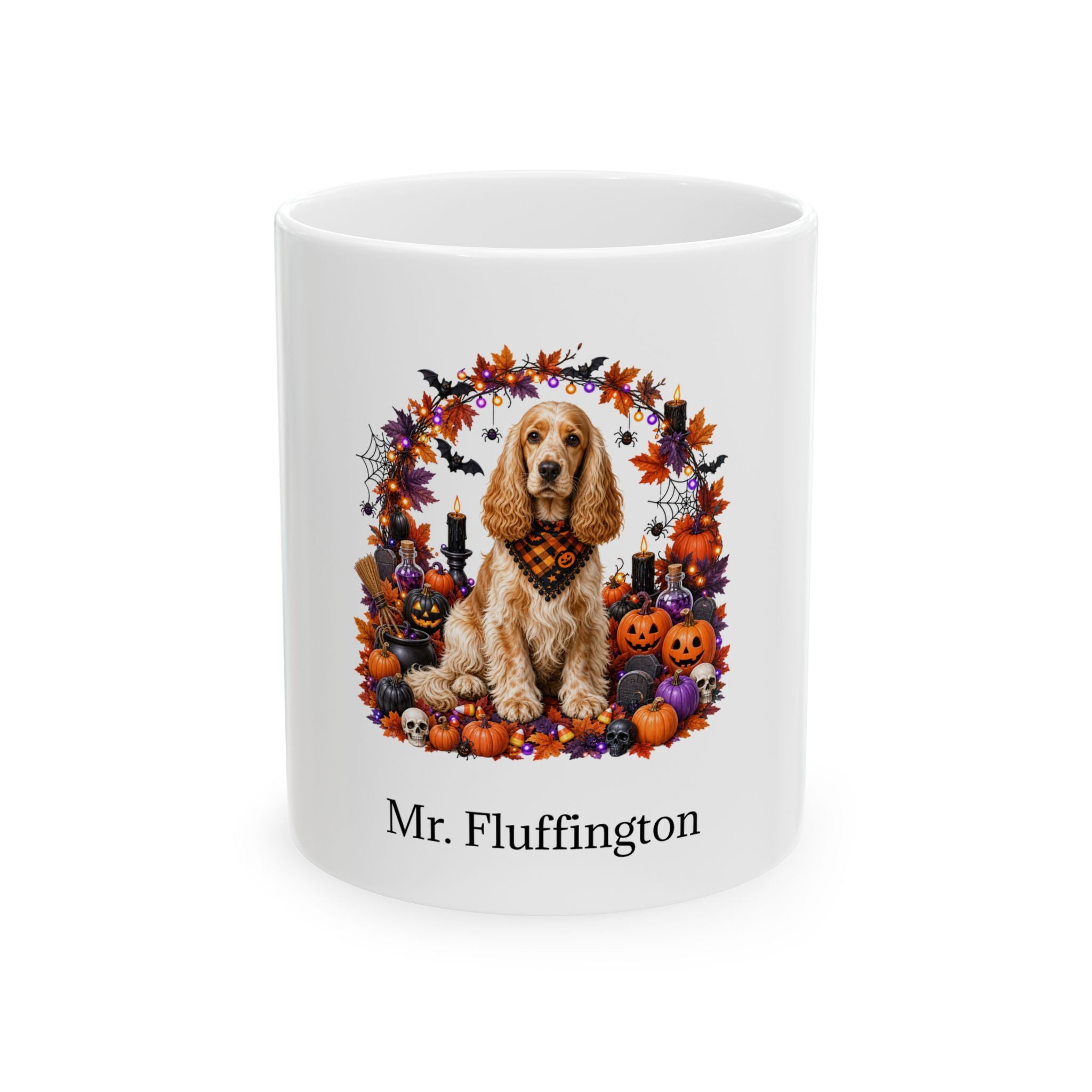 Personalized English Cocker Spaniel dog Halloween mug, 15oz white ceramic, with custom pet name on front