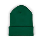 Green cuffed knit beanie with embroidered "COFFEE" text.