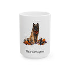 Personalized Belgian Tervuren dog Halloween mug, 11oz white ceramic, with custom pet name on front