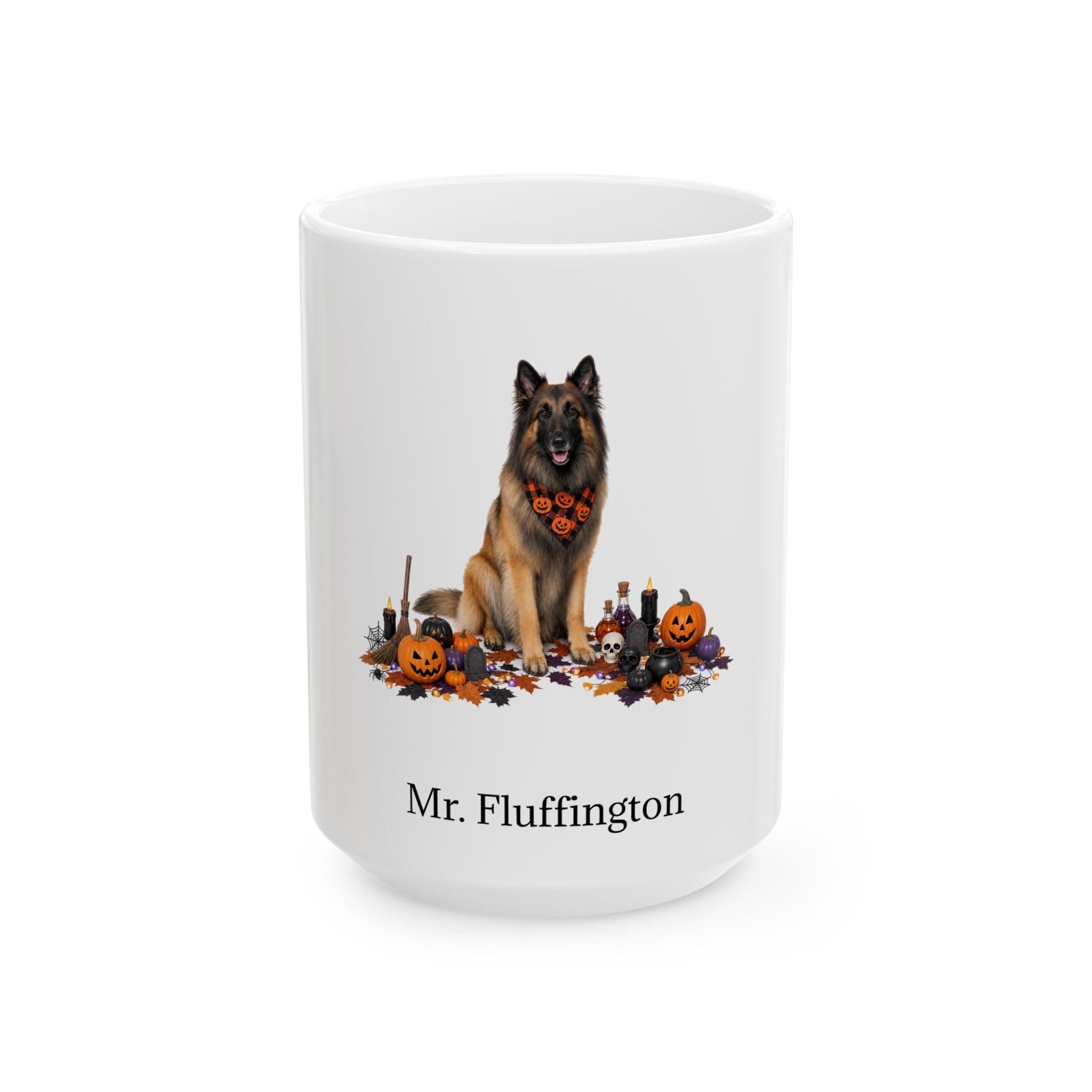 Personalized Belgian Tervuren dog Halloween mug, 11oz white ceramic, with custom pet name on front