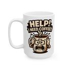 A white ceramic mug featuring a cartoon illustration of a panicked coffee cup with the text HELP.
