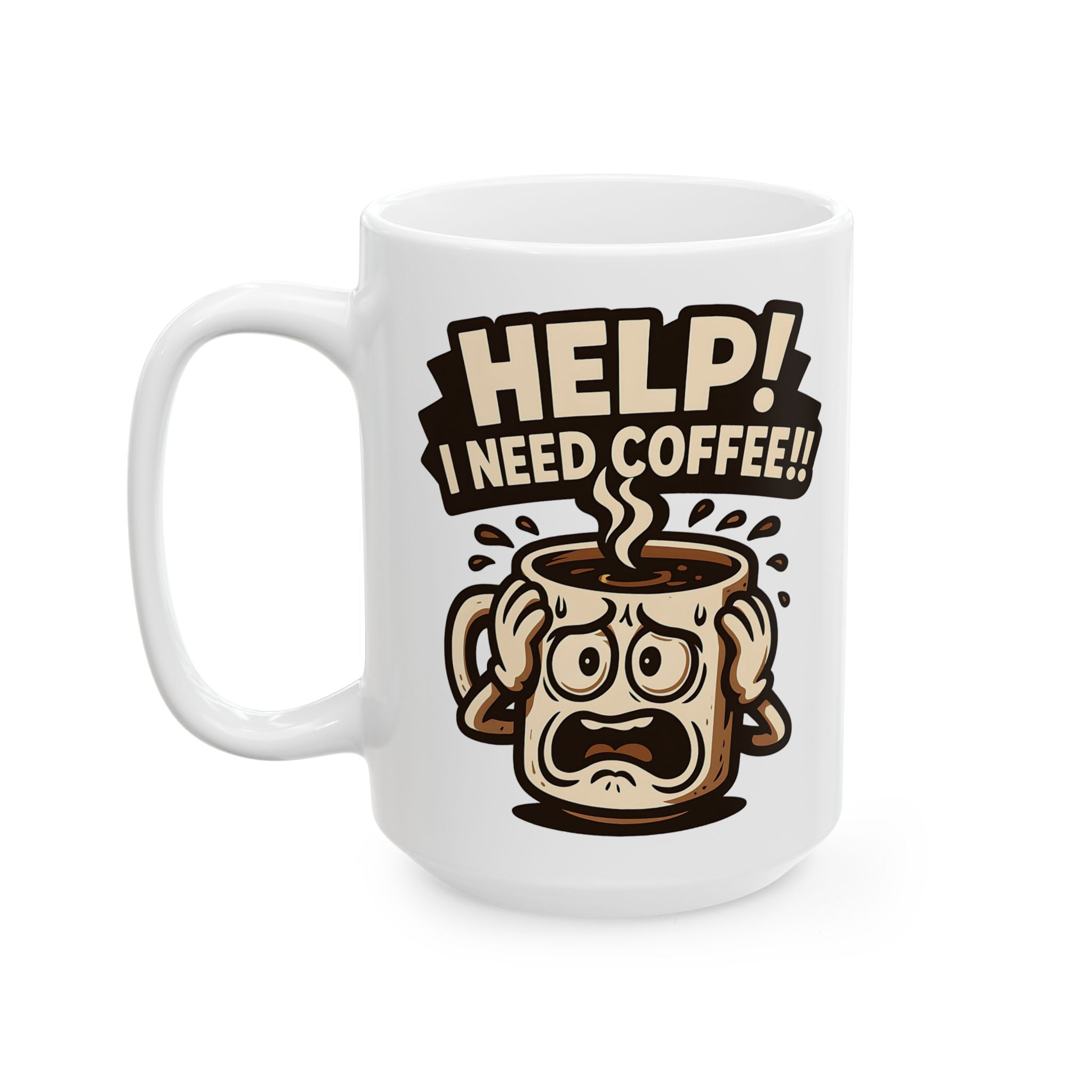 A white ceramic mug featuring a cartoon illustration of a panicked coffee cup with the text HELP.