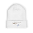 A white cuffed beanie with "BREVITY Brew" embroidered on the front.
