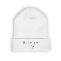 A white cuffed beanie with "BREVITY Brew" embroidered on the front.