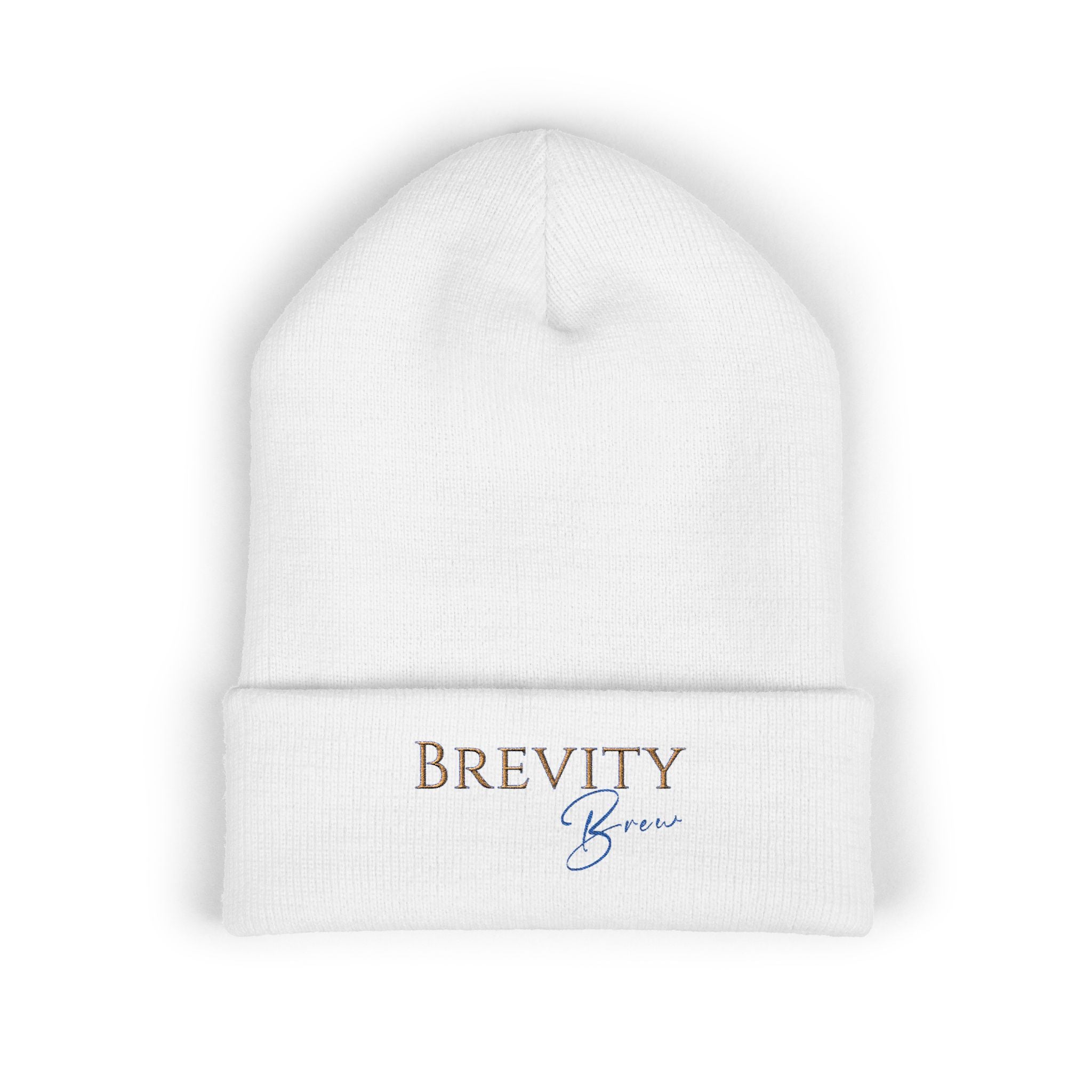 A white cuffed beanie with "BREVITY Brew" embroidered on the front.