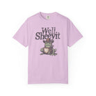 Light purple unisex cotton t-shirt featuring a distressed graphic of a cowboy frog holding a mug.