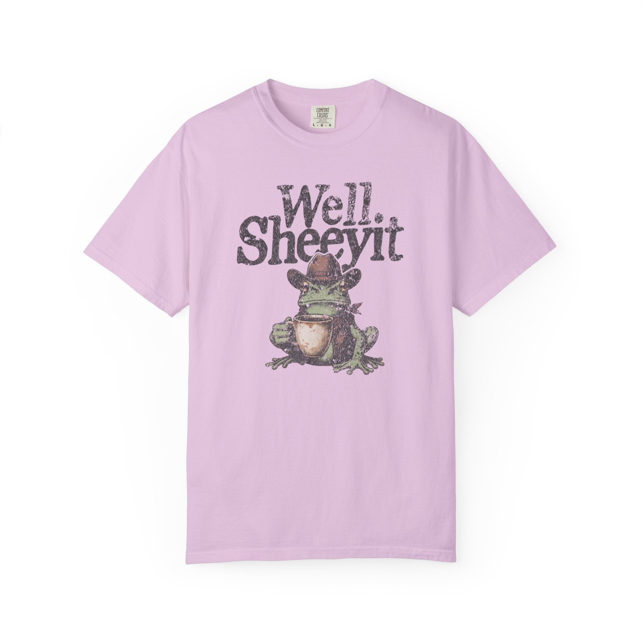 Light purple unisex cotton t-shirt featuring a distressed graphic of a cowboy frog holding a mug.