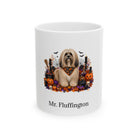 Personalized Lhasa Apso dog Halloween mug, 11oz white ceramic, with custom pet name on front
