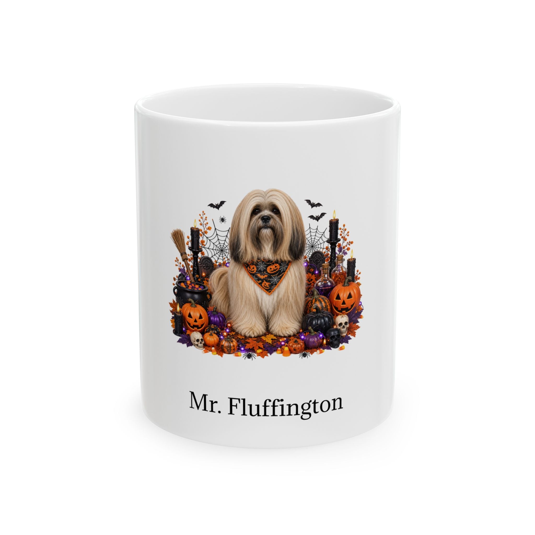 Personalized Lhasa Apso dog Halloween mug, 11oz white ceramic, with custom pet name on front