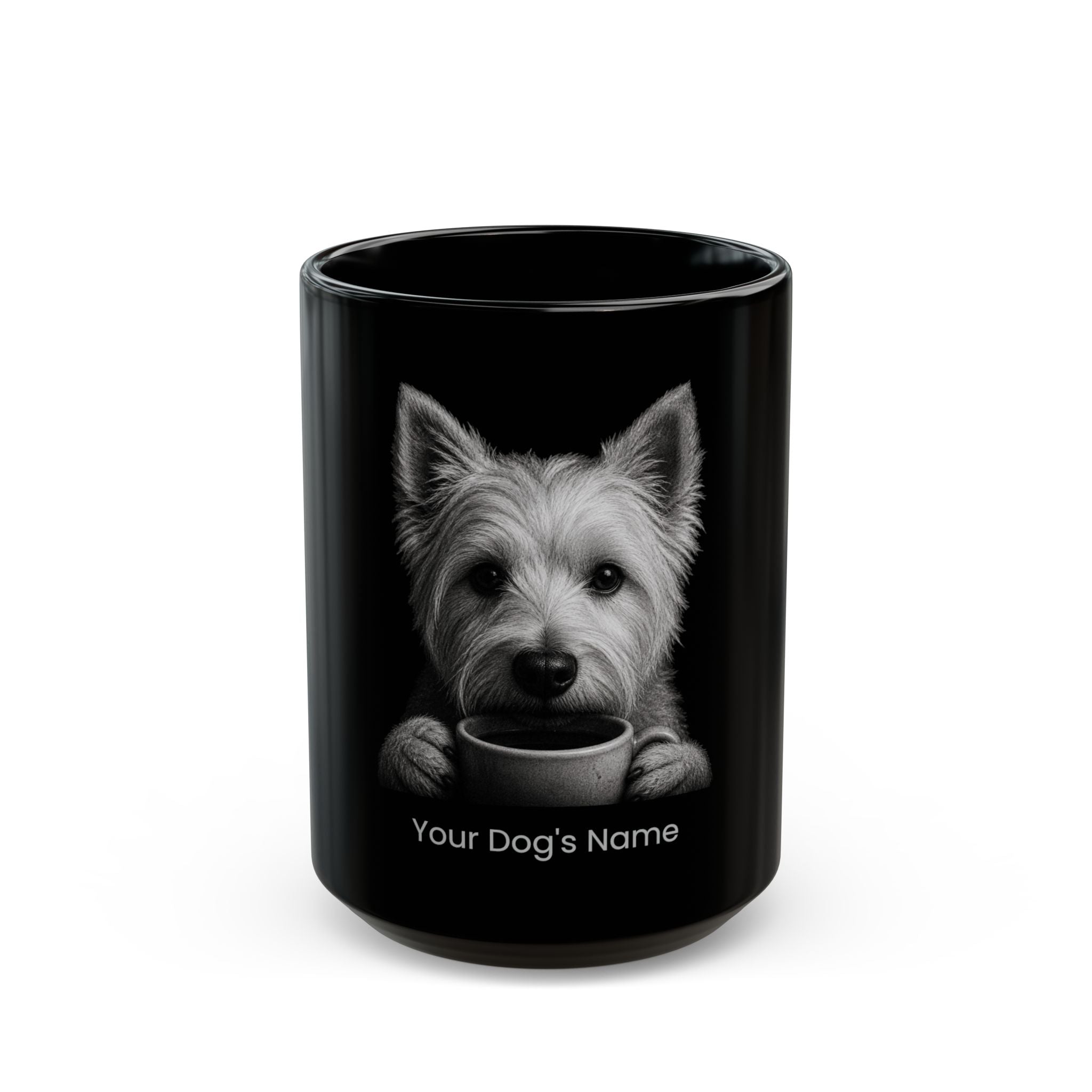 Personalized West Highland White Terrier black ceramic coffee mug with custom dog name
