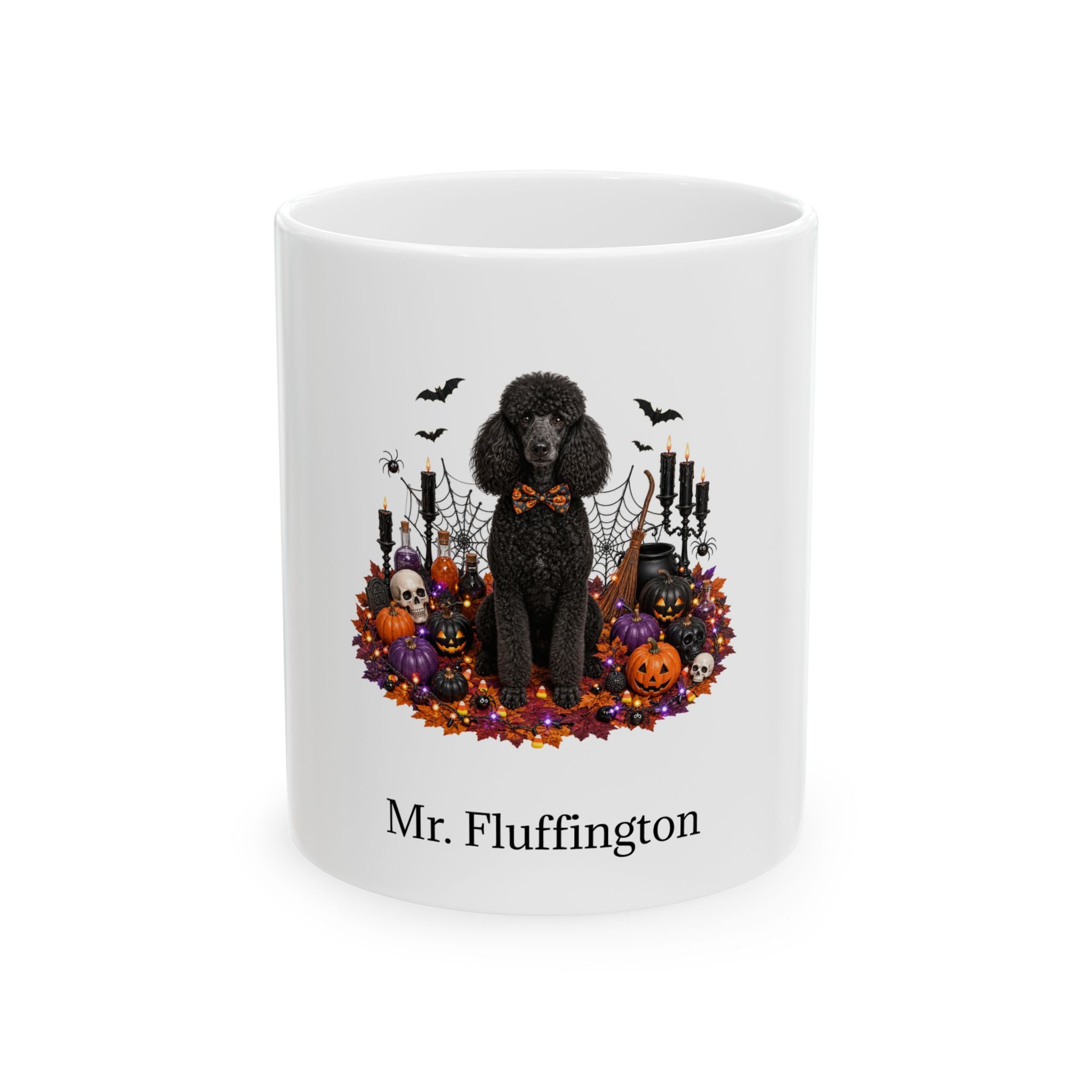 Personalized Poodle dog Halloween mug, 11oz white ceramic, with custom pet name on front