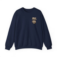 A navy blue crewneck sweatshirt featuring a small graphic of a stressed coffee cup on the chest.