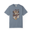 Blue unisex cotton t-shirt featuring a distressed graphic of a rooster wearing a coffee apron.