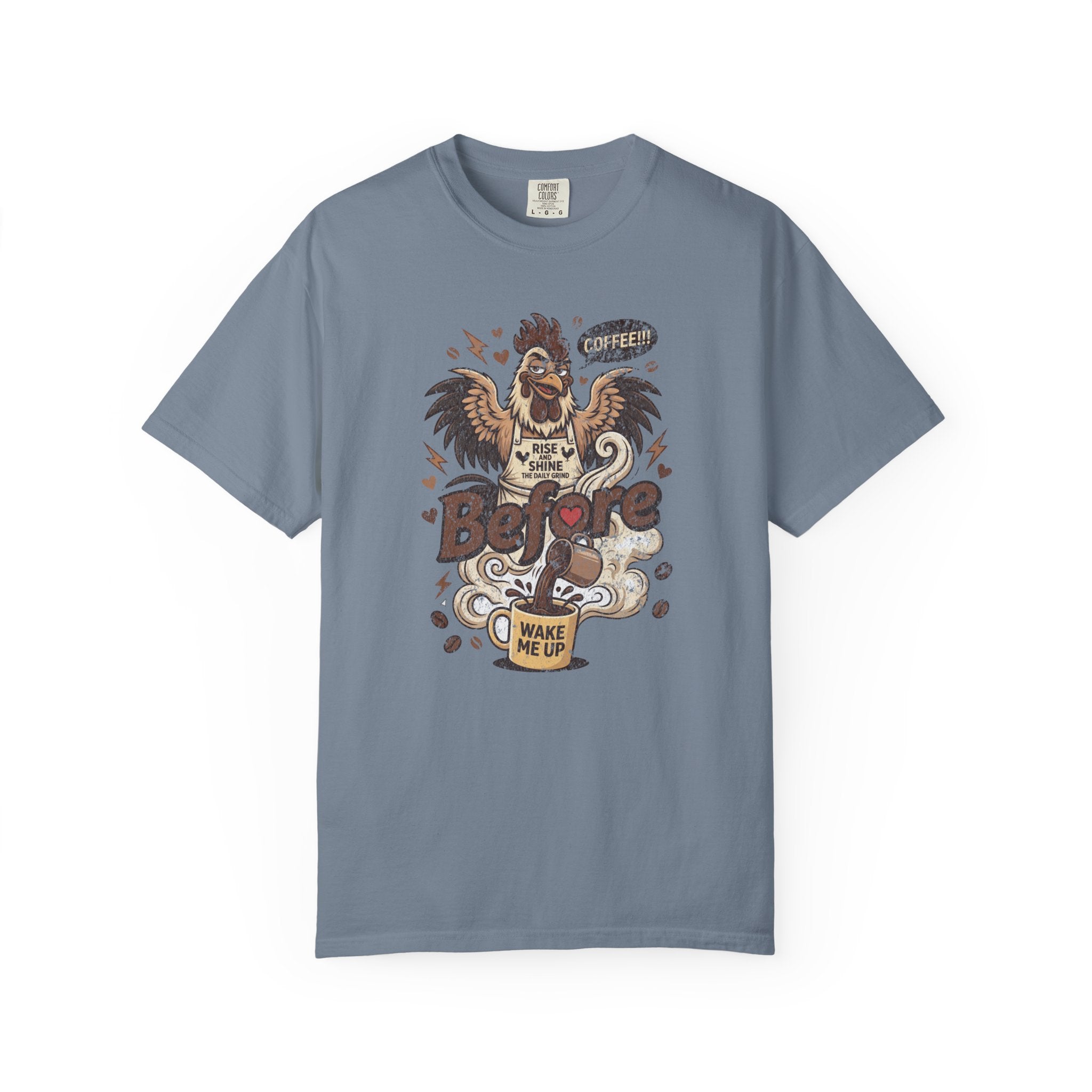 Blue unisex cotton t-shirt featuring a distressed graphic of a rooster wearing a coffee apron.