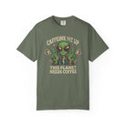 Olive green unisex cotton t-shirt featuring a distressed graphic of an alien making peace signs.