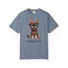 Blue-grey Comfort Colors unisex t-shirt featuring a Yorkie wearing reindeer antlers and lights.