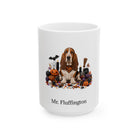 Personalized Basset Hound dog Halloween mug, 11oz white ceramic, with custom pet name on front