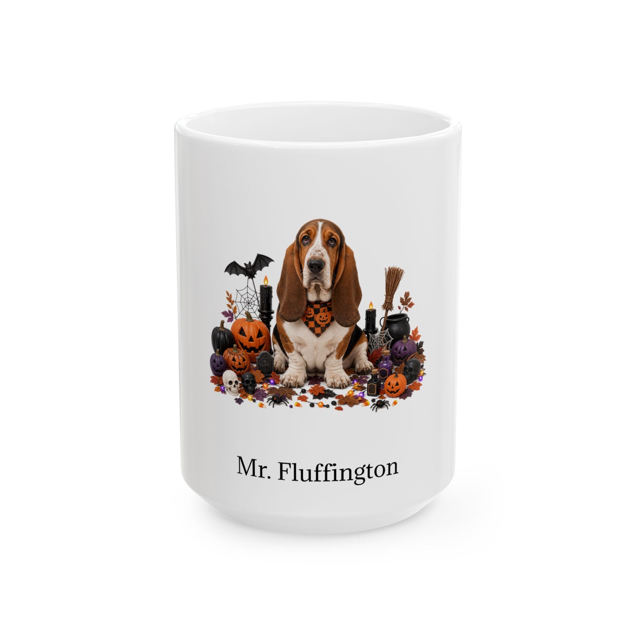 Personalized Basset Hound dog Halloween mug, 11oz white ceramic, with custom pet name on front