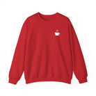 A red crewneck sweatshirt featuring a small white steaming coffee cup icon on the left chest.