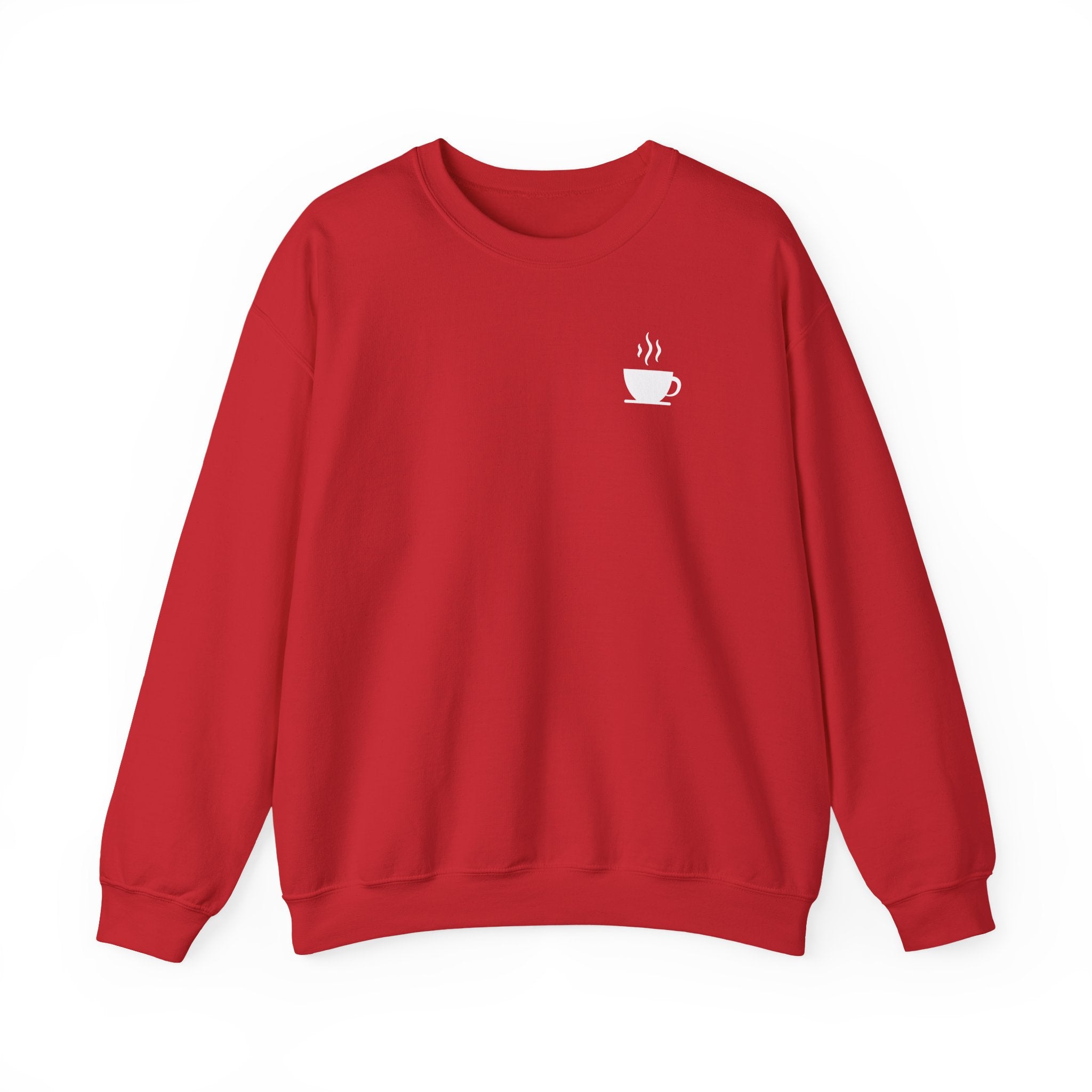A red crewneck sweatshirt featuring a small white steaming coffee cup icon on the left chest.