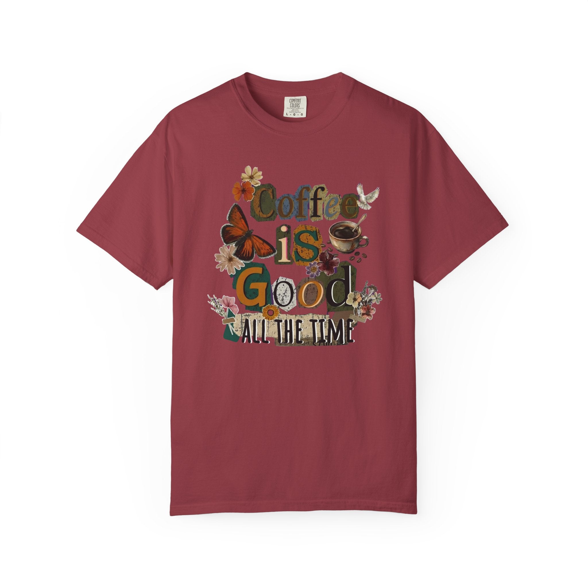 A maroon cotton t-shirt featuring a vintage-style graphic of flowers, a butterfly, and coffee.