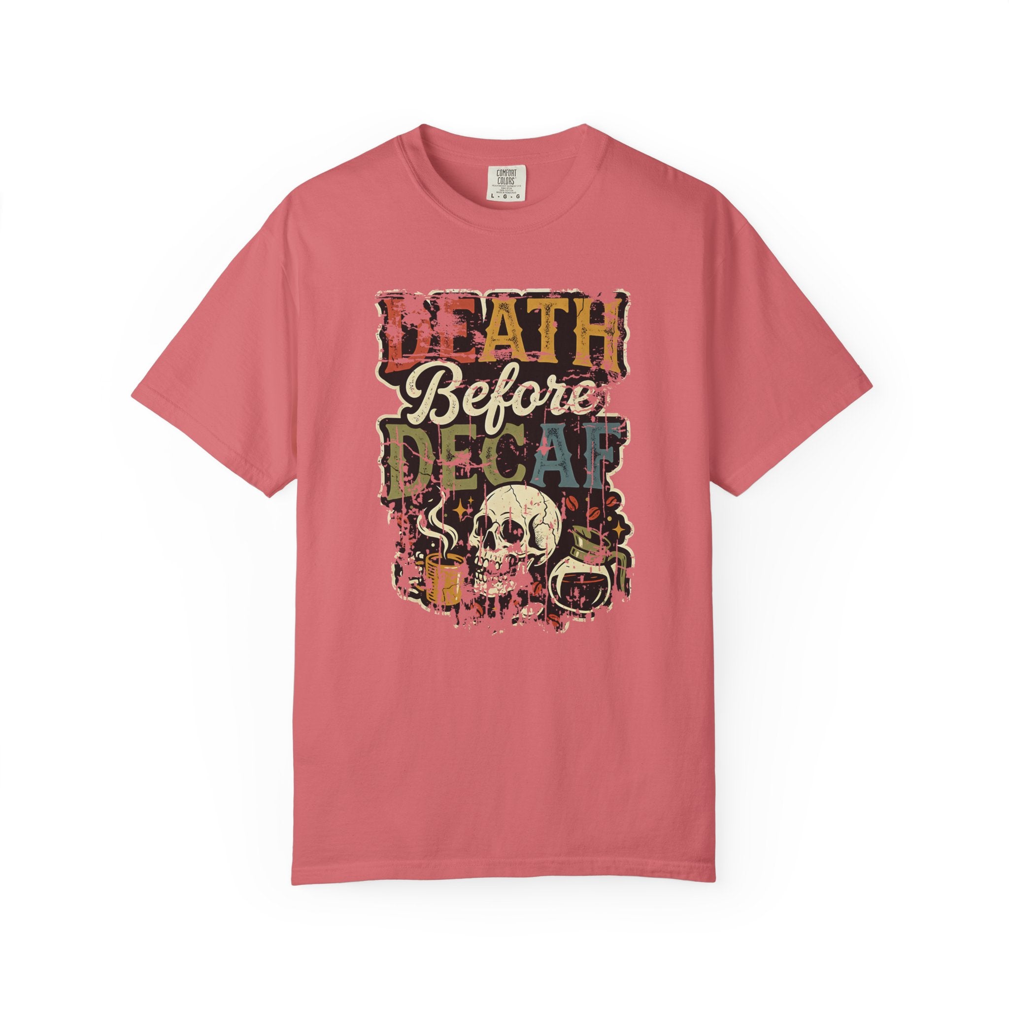 A pink unisex cotton t-shirt featuring a distressed graphic of a skull, coffee, and text.