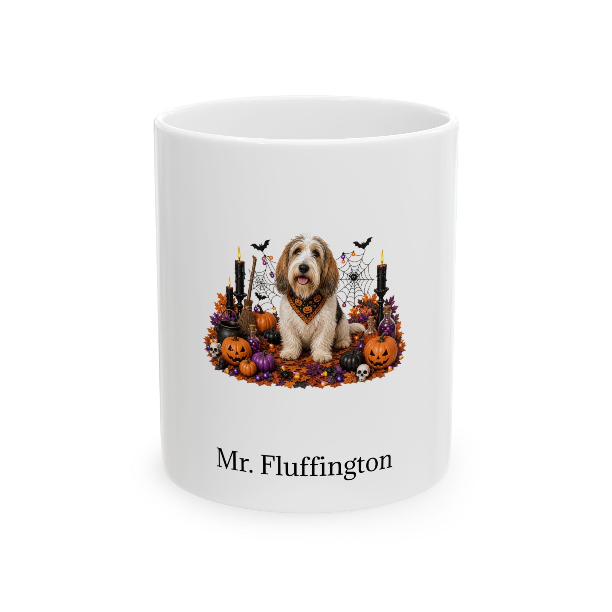 Personalized Petit Basset Griffon Vendeen dog Halloween mug, 15oz white ceramic, with custom pet name on front