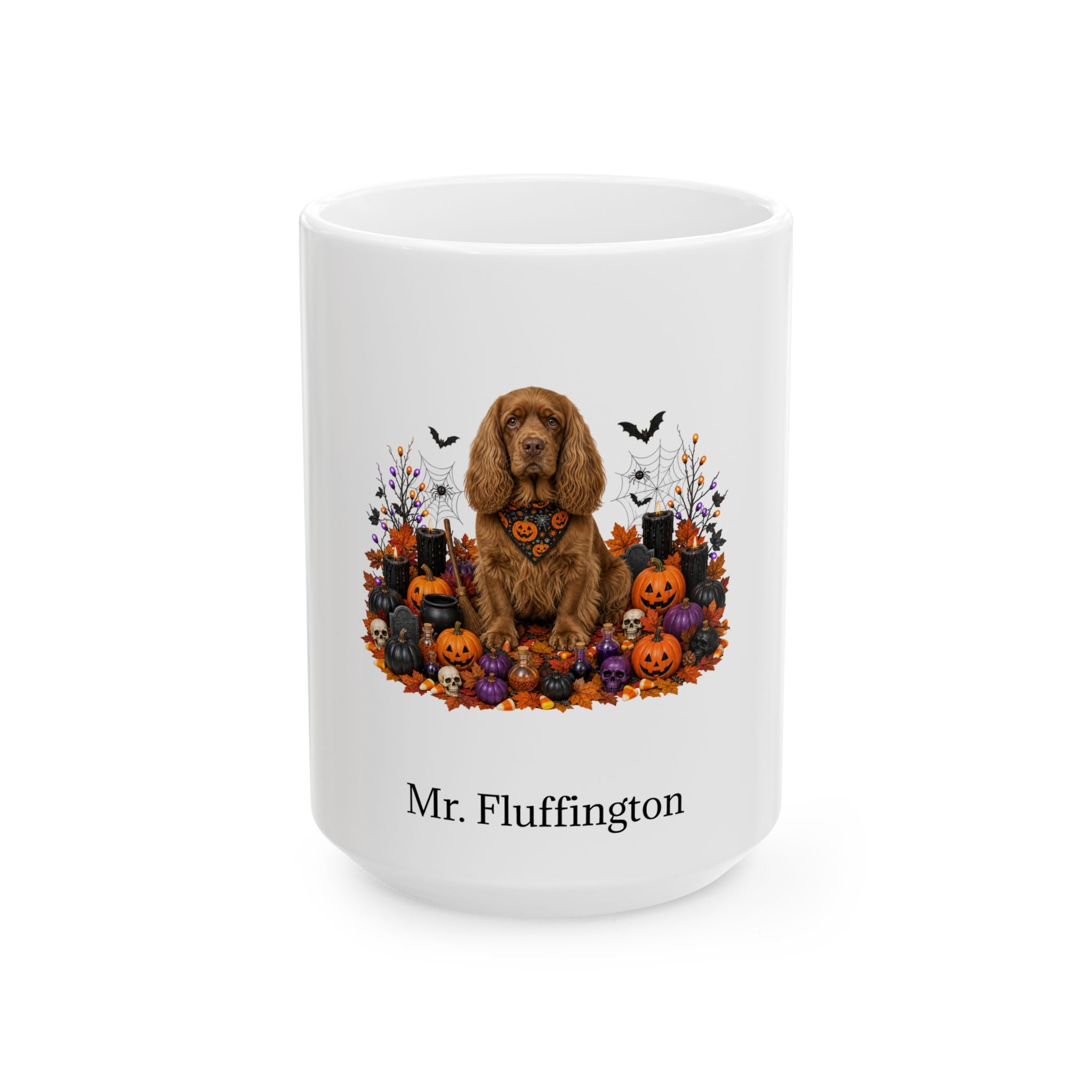 Personalized Sussex Spaniel dog Halloween mug, 15oz white ceramic, with custom pet name on front